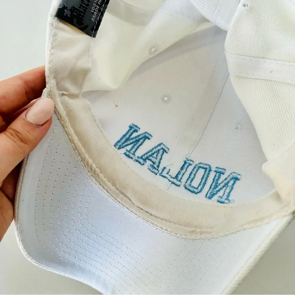 VINTAGE White Blue Nolan Lettered Stitched Hook Loop Adjustable Baseball Hat